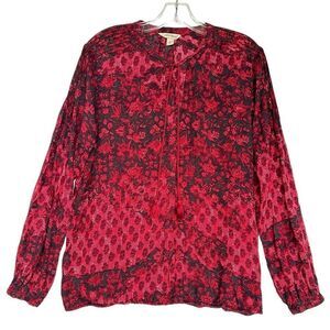 Lucky Brand 100% rayon red black floral long sleeve lightweight women’s top L